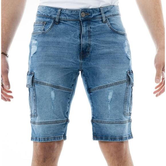 X Ray Mens Cargo Biker Slim Fit Casual Stretch Light Blue‎ Denim Shorts 38 - Picture 1 of 12